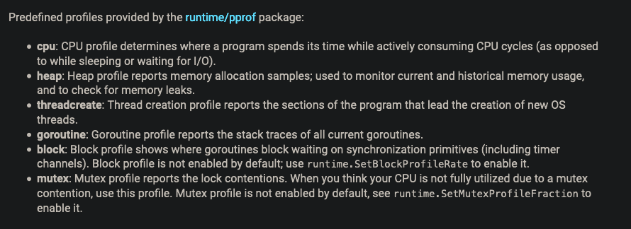 runtime/pprof predefined profiles